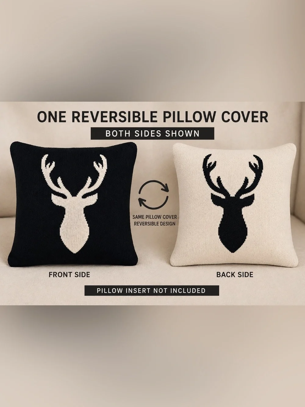 North Pole South Reversible Deer Throw Pillow Cover Black Ivory Cabin Lodge